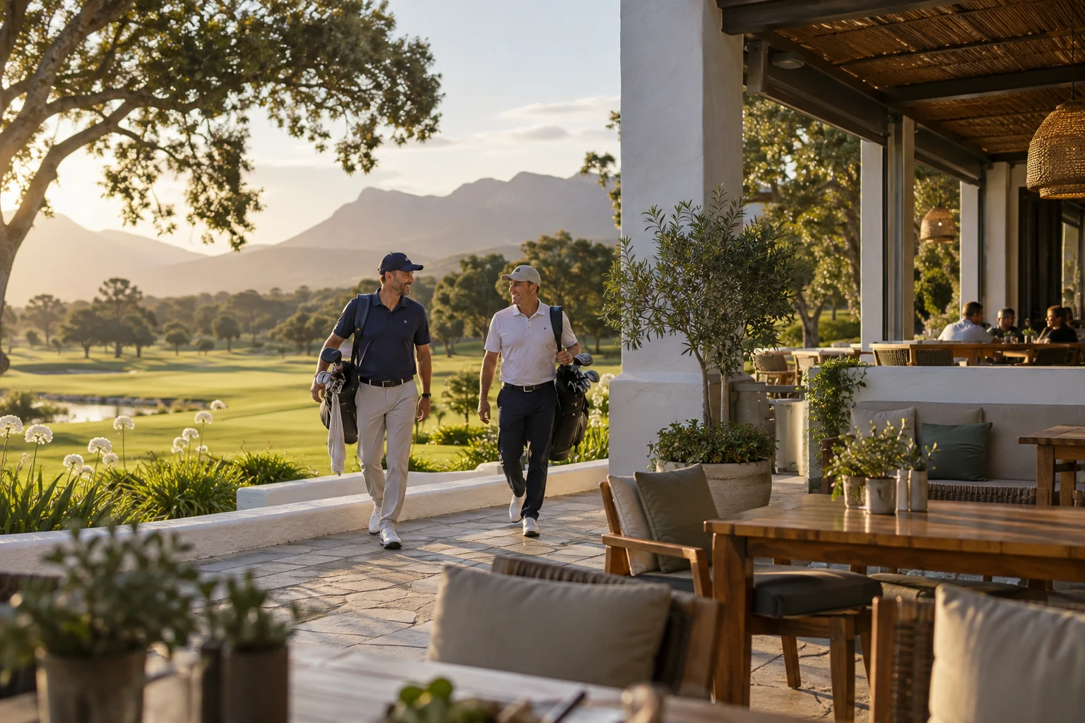 Golfers arriving at a halfway house beside the course