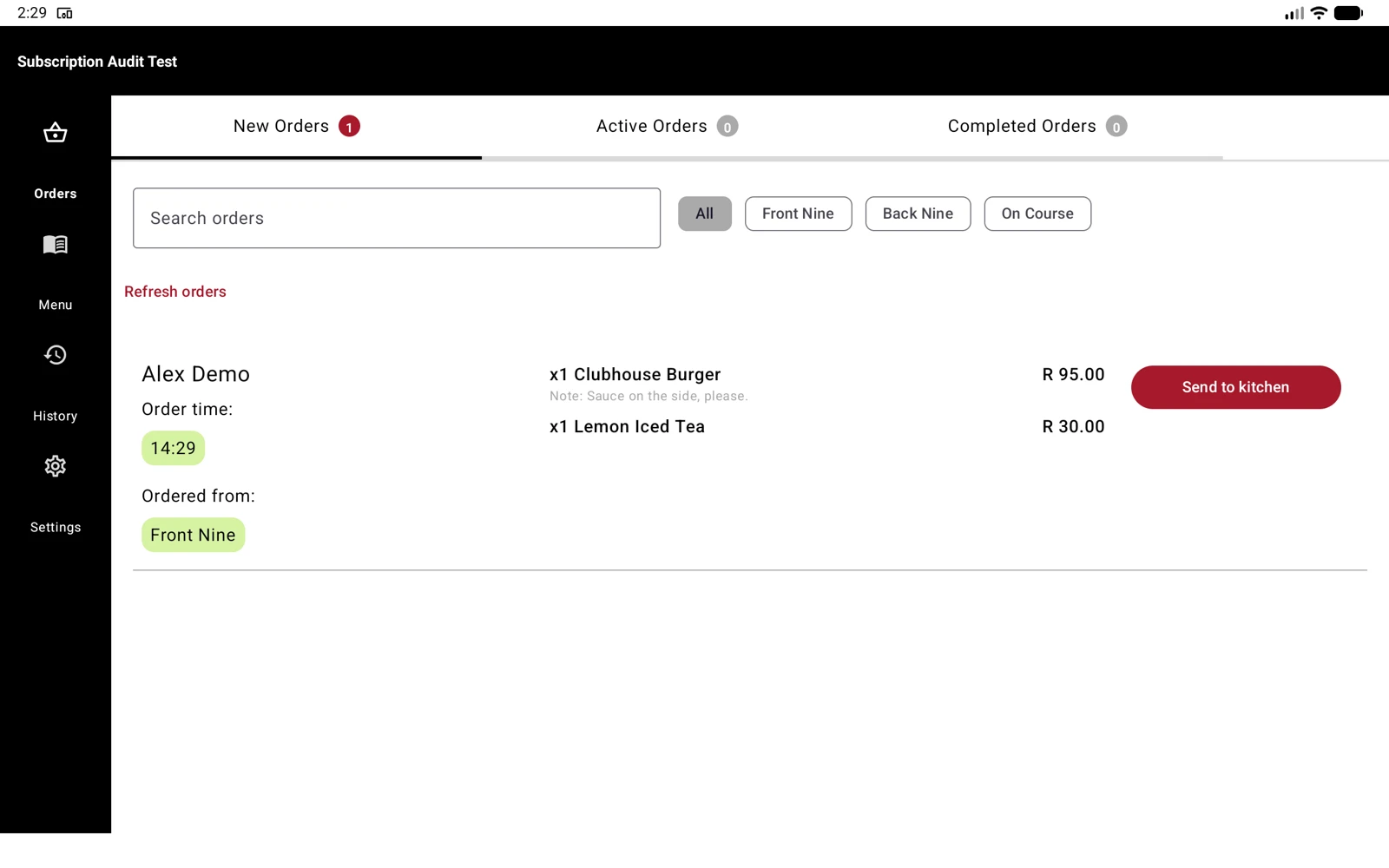 The Android operator app receiving the Alex Demo order in New Orders